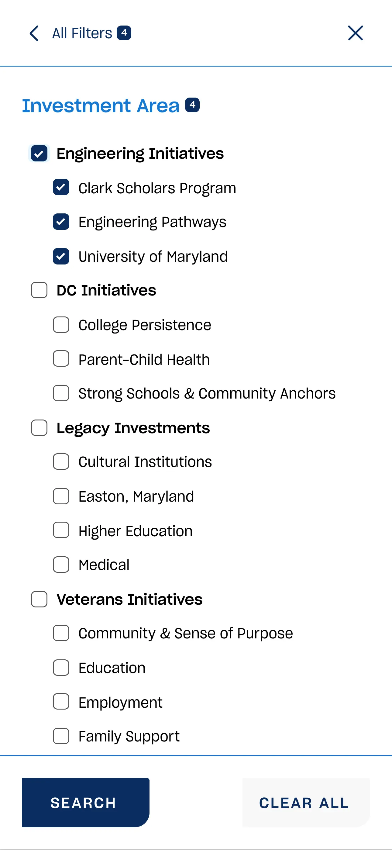 Screenshot of the mobile view of the Investments Landing page's advanced filtering