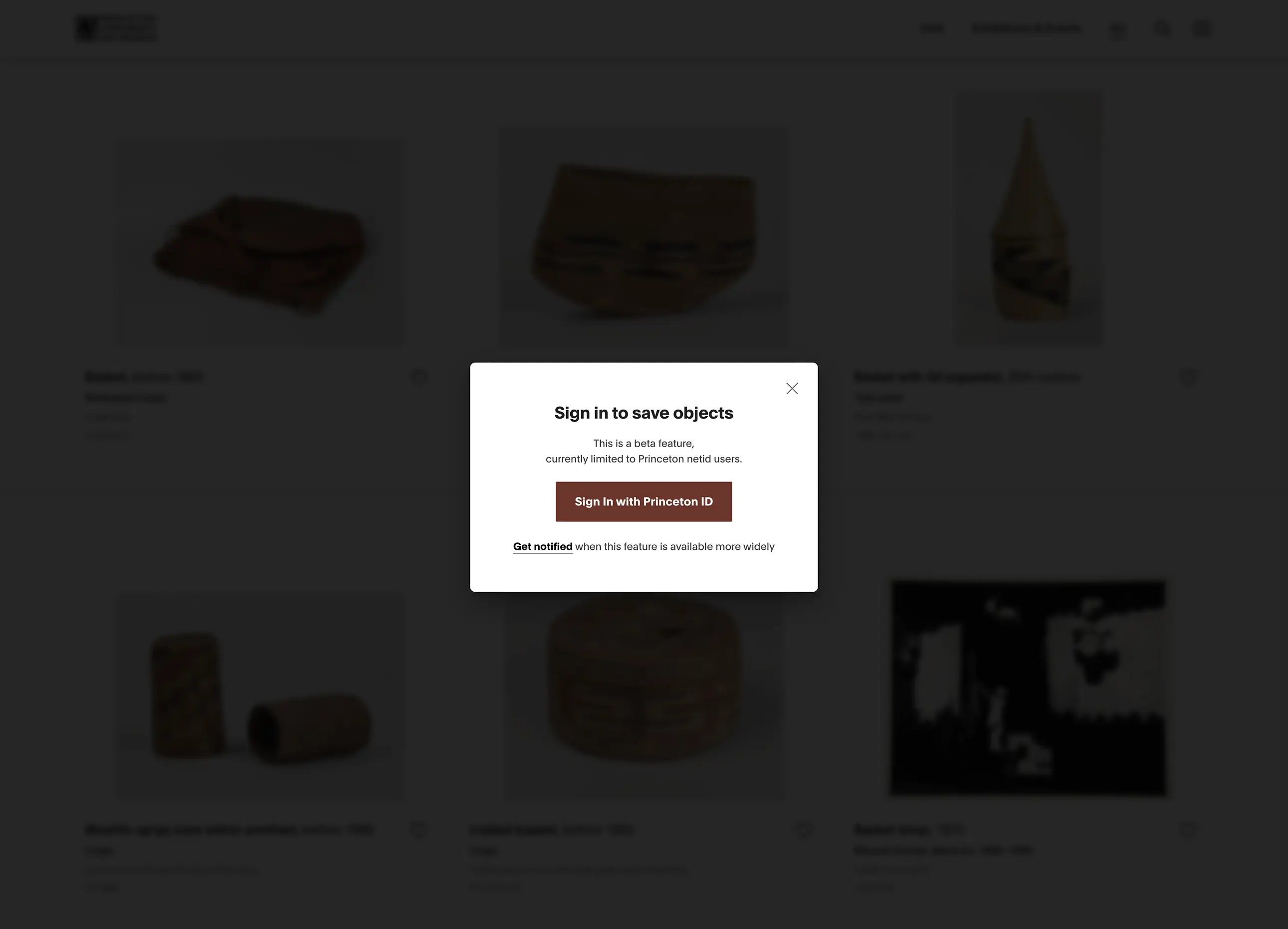 Screenshot of the desktop view of artmuseum.princeton.edu's Sign in to save objects dialog