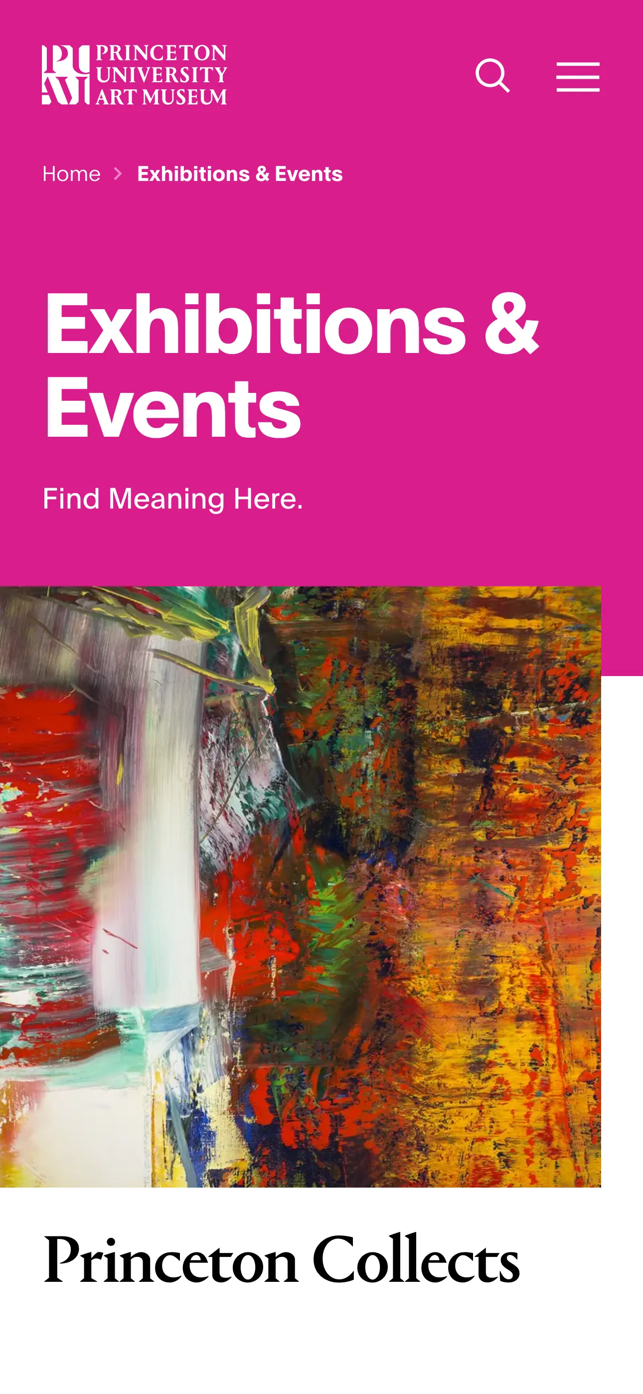 Screenshot of the mobile view of artmuseum.princeton.edu's Exhibitions & Events Landing page