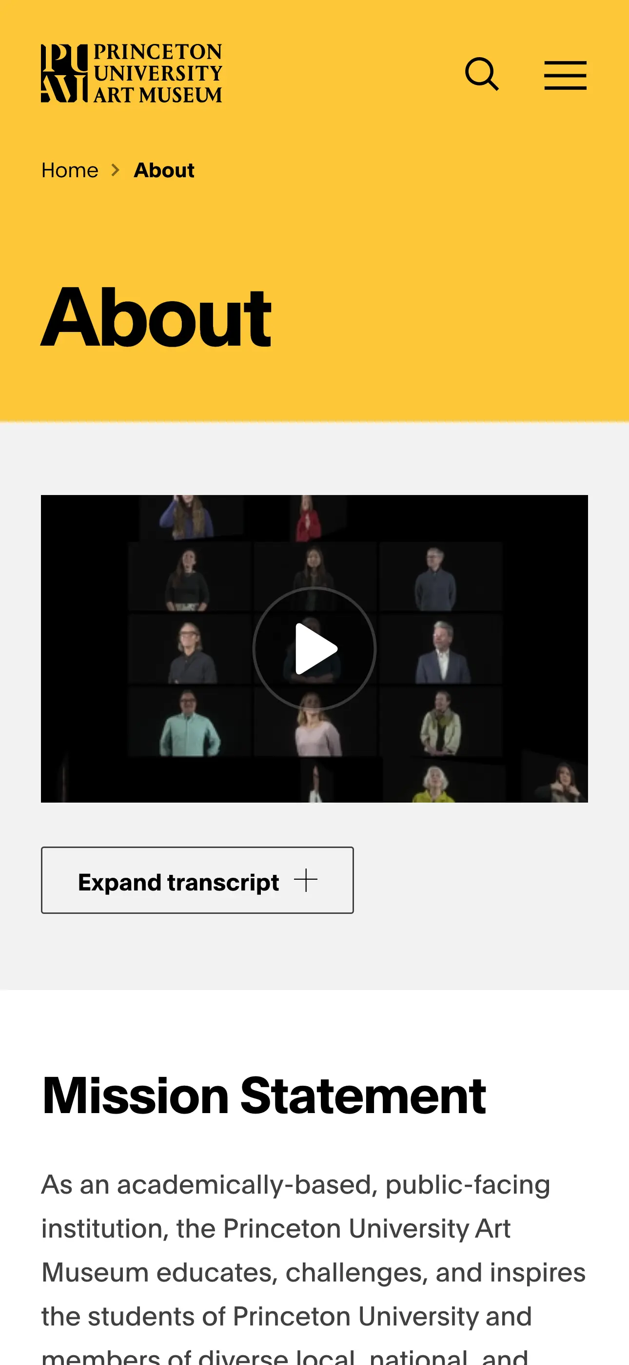 Screenshot of the mobile view of artmuseum.princeton.edu's About Landing page