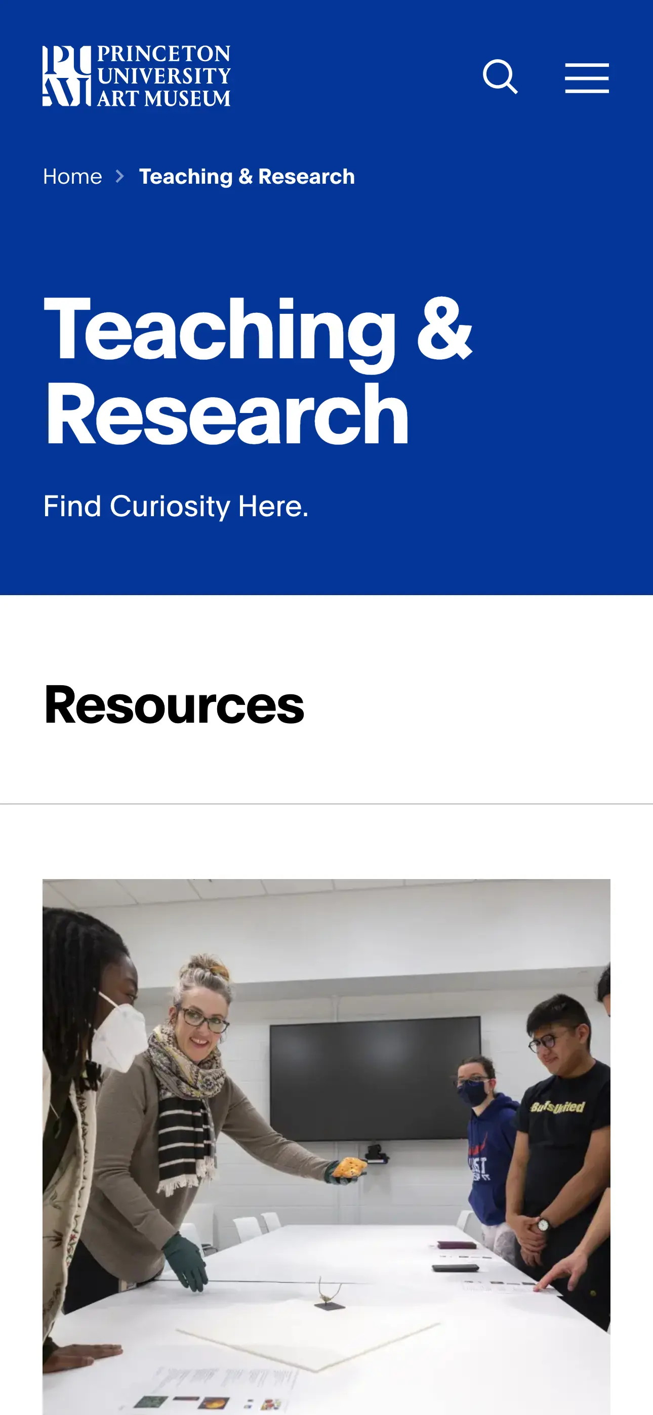 Screenshot of the mobile view of artmuseum.princeton.edu's Teaching & Research Landing page
