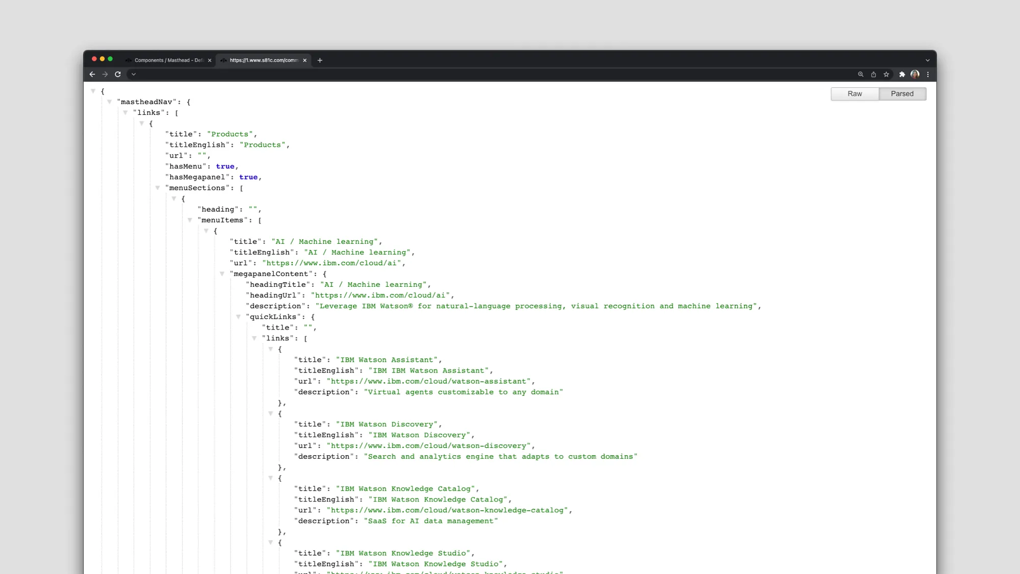 A screenshot of the JSON data output used for delivering content to the masthead.