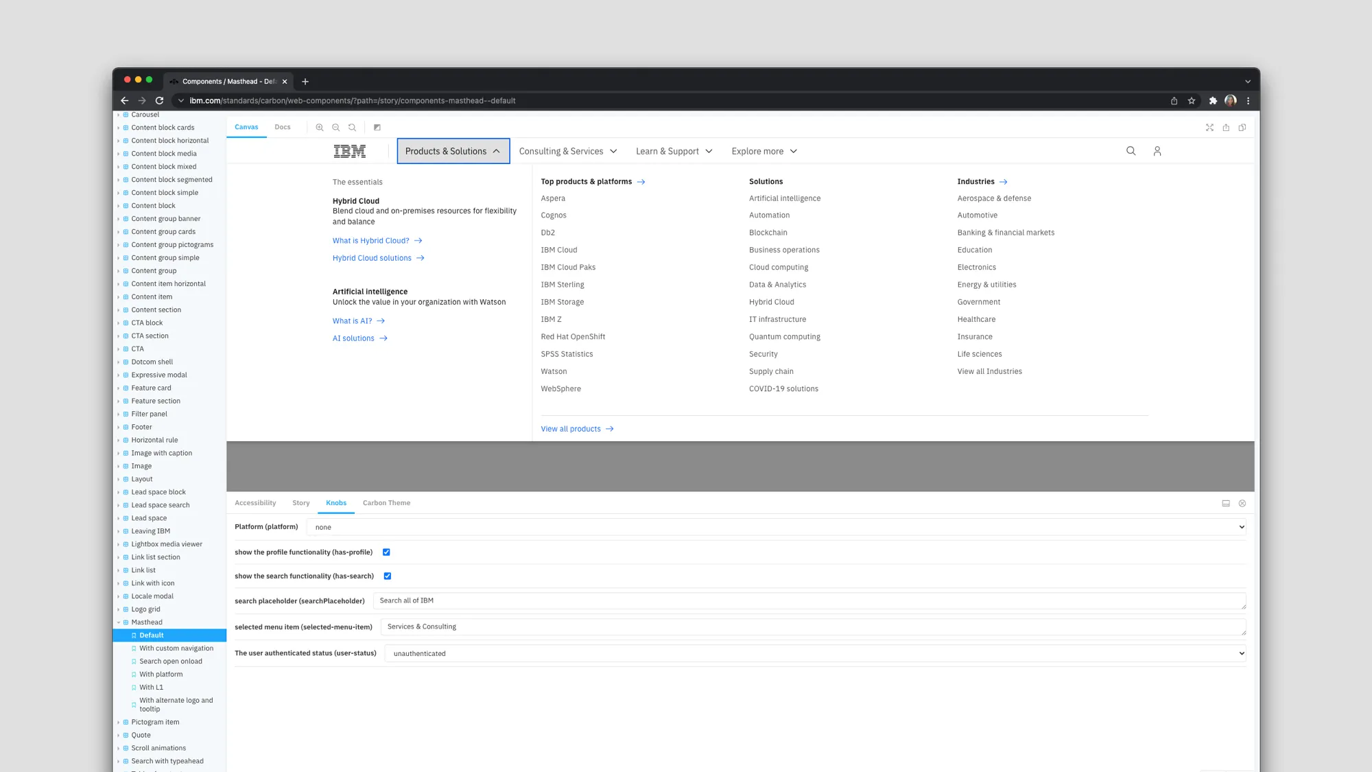 A screenshot of what the global masthead component looks like within the Storybook preview available within the Carbon for IBM.com library.